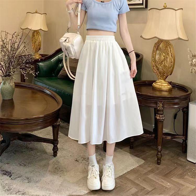 Váy Xếp Ly Cổ Điển Màu Trắng, Ngoại Cỡ Cho Nữ, Váy Mùa Hè, Cạp Cao, Xếp Ly Chữ, Lớn, Che Bụng, Mỏng Women 3