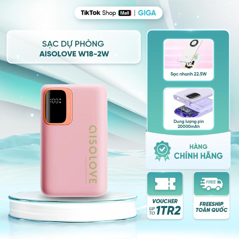  Sạc dự phòng Aisolove W18-2W - Dung lượng lớn 20000mAh - Tích hợp cáp Type-C hoặc Lightning 