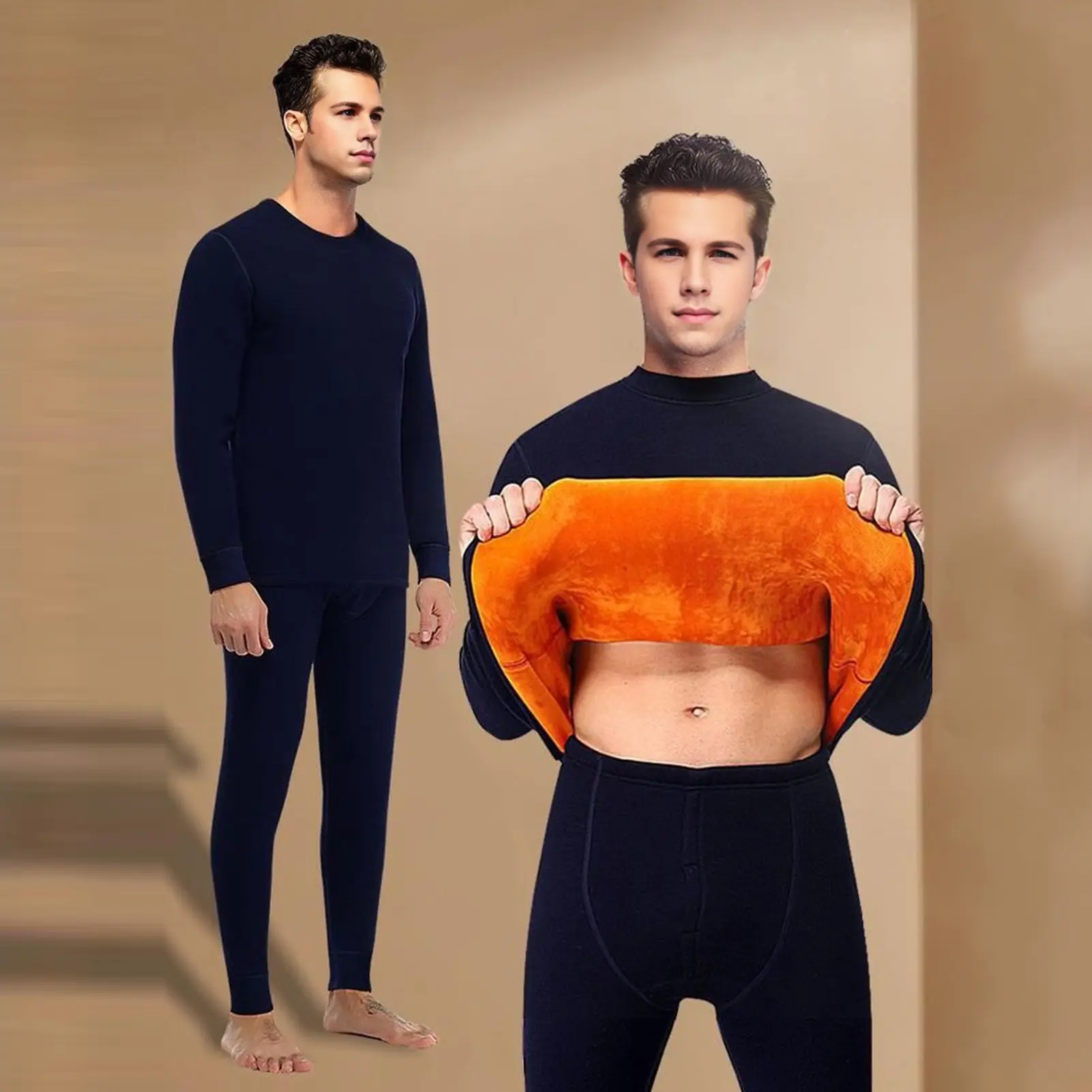 Men Thermal Top Thckened Velevt Heat Retention Round Neck Slim Fit Long Sleeves Stretchy Bottoming Underwear Winter Sleepwear