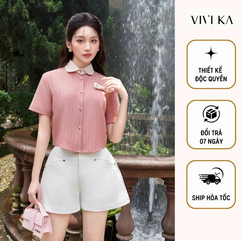 VIVIKA - Áo sơ mi croptop kết nơ thêu, Quần short A túi sau đắp hộp - VKAO00524 VKQS00414 Nữ Women