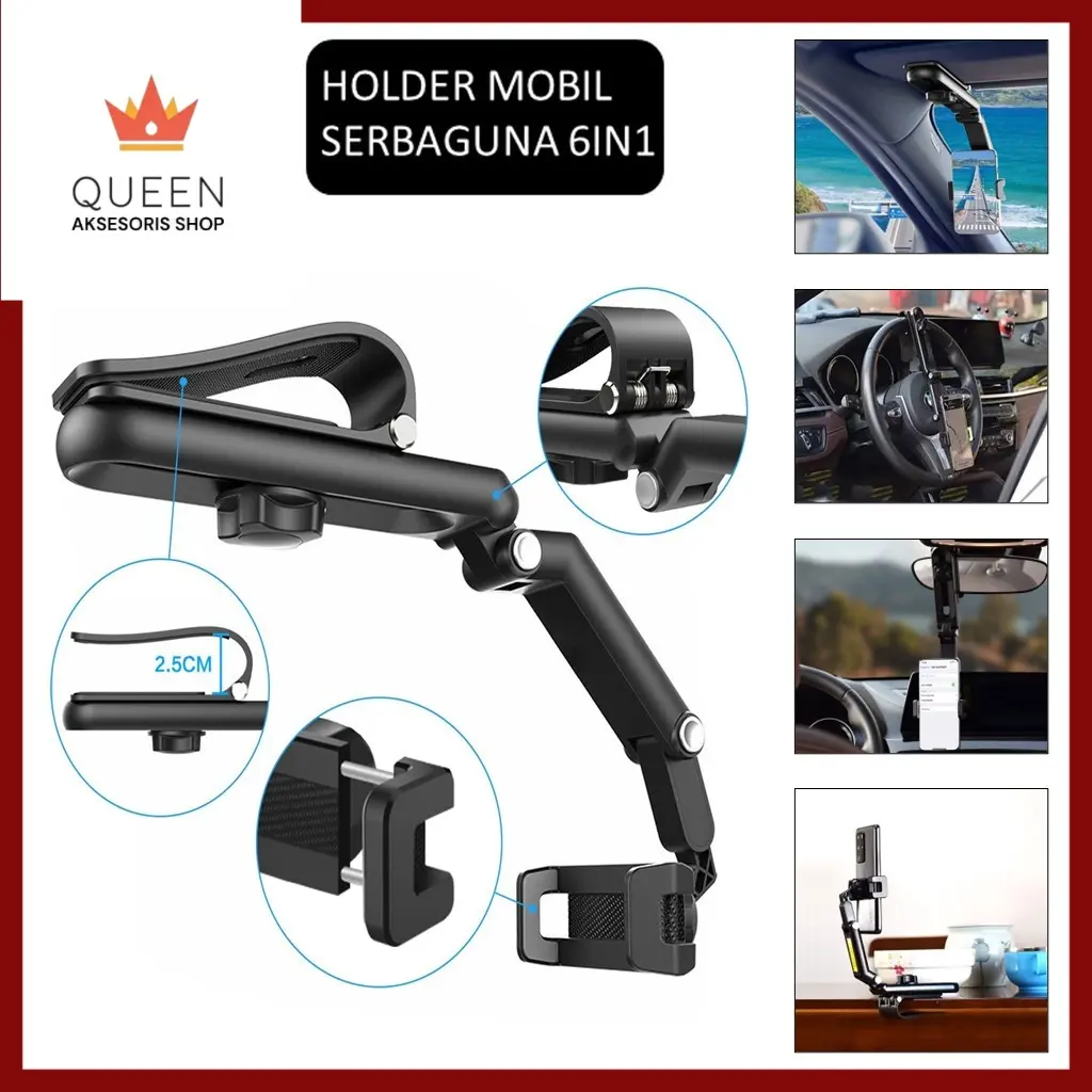 Car Phone Holder Hp Mobil Stand Smartphone Mount Sun Visor 6IN1 Rotasi 360  Holder Universal Multifungsi