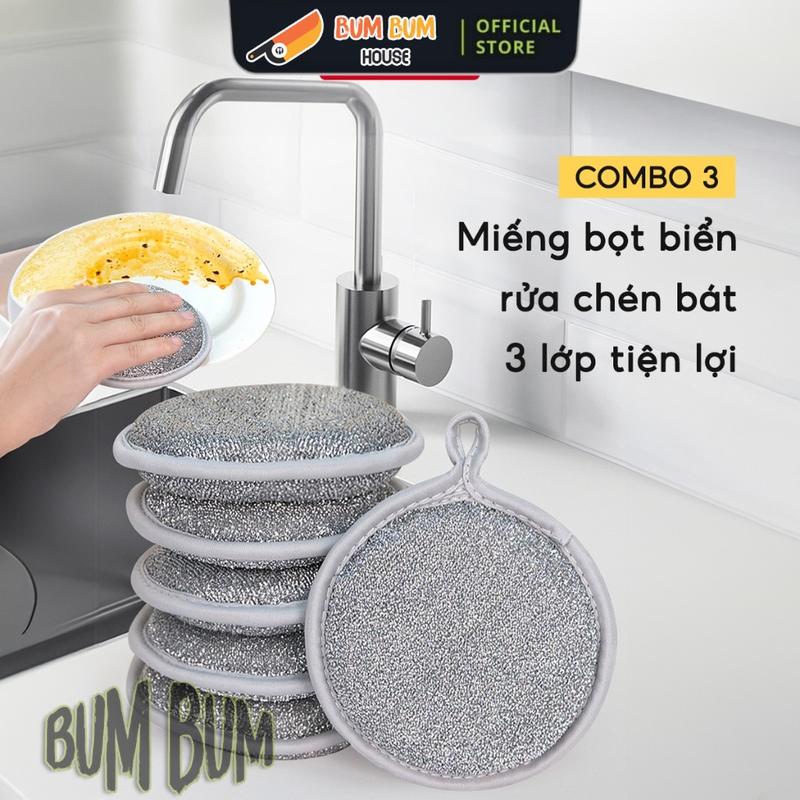 COMBO 3 Miếng Bọt Biển Rửa Chén Bát 3 Lớp JYoohome Giẻ Rửa Bát Đĩa Đũa Cọ Xoong Nồi Đa Năng Tạo Bọt