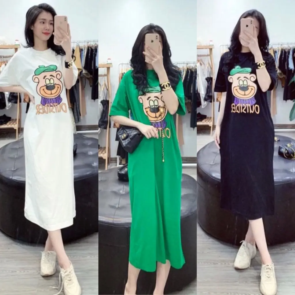 Đầm suông cotton dáng dài cổ tròn in gấu outside ba màu form rộng