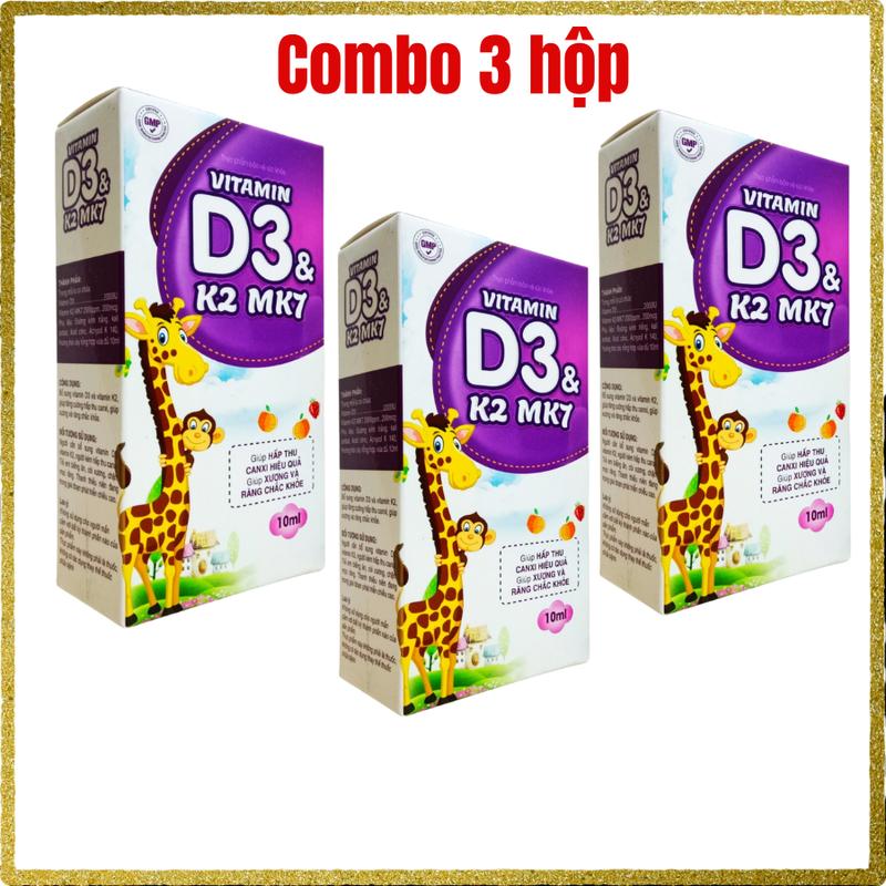 [ COMBO 3 HỘP ] Vitamin D3 K2 Mk7 giúp bé hấp thụ canxi tăng trưởng chiều cao giúp tăng cường hấp thu canxi, hỗ trợ giúp xương và răng chắc khoẻ- Lọ 10ml Men Vi Sinh vitamind 3 Cho Bé