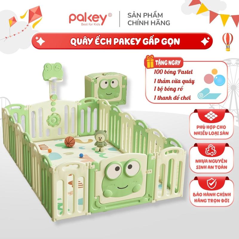 Quây Gấp Gọn Pakey Ếch Xanh Cao Cấp, Quây Cũi Cho Bé TẶNG Đồ Chơi 100 BÓNG +THẢM+ TRỤ BÓNG RỔ Siêu Dày Dặn Chắc Chắn