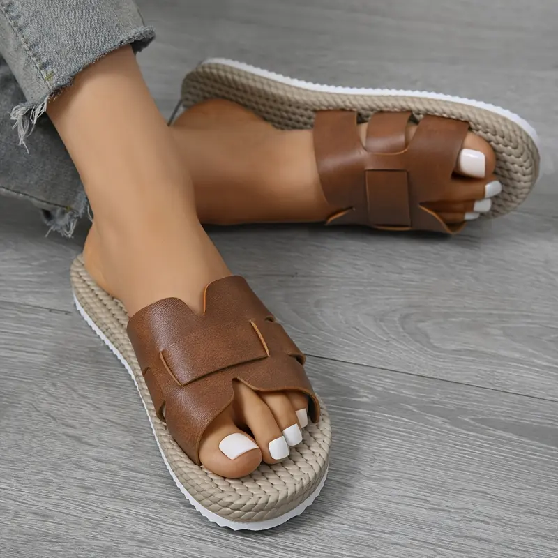 2025 New Women's Summer Slip-On Flat Sandals - Handmade Faux Cover Upper, Ultra-Soft EVA Cushioned Insole & Non-Slip Sole for Casual Outdoor Home Wear - Brown, Braided Shoe Design 1