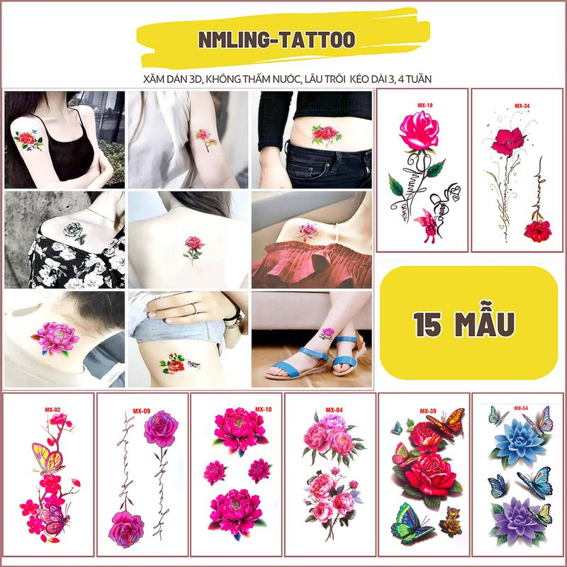 Hình xăm dán tạm thời, Họa tiết hoa, bướm, miếng dán chống nước, Chống Thấm Nước, (KT10x6cm) Siêu Bền Đẹp