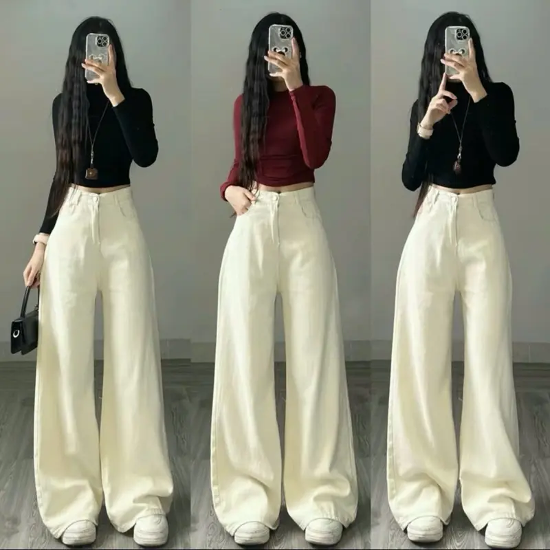 [HT]MUA QUẦN + TẶNG KÈM DÂY LƯNG : QUẦN JEANS SUÔNG MÀU BE,QUẦN SUÔNG CẠP CAO HÁCH DÁNG ,CHẤT BÒ MỀM SIÊU HOT