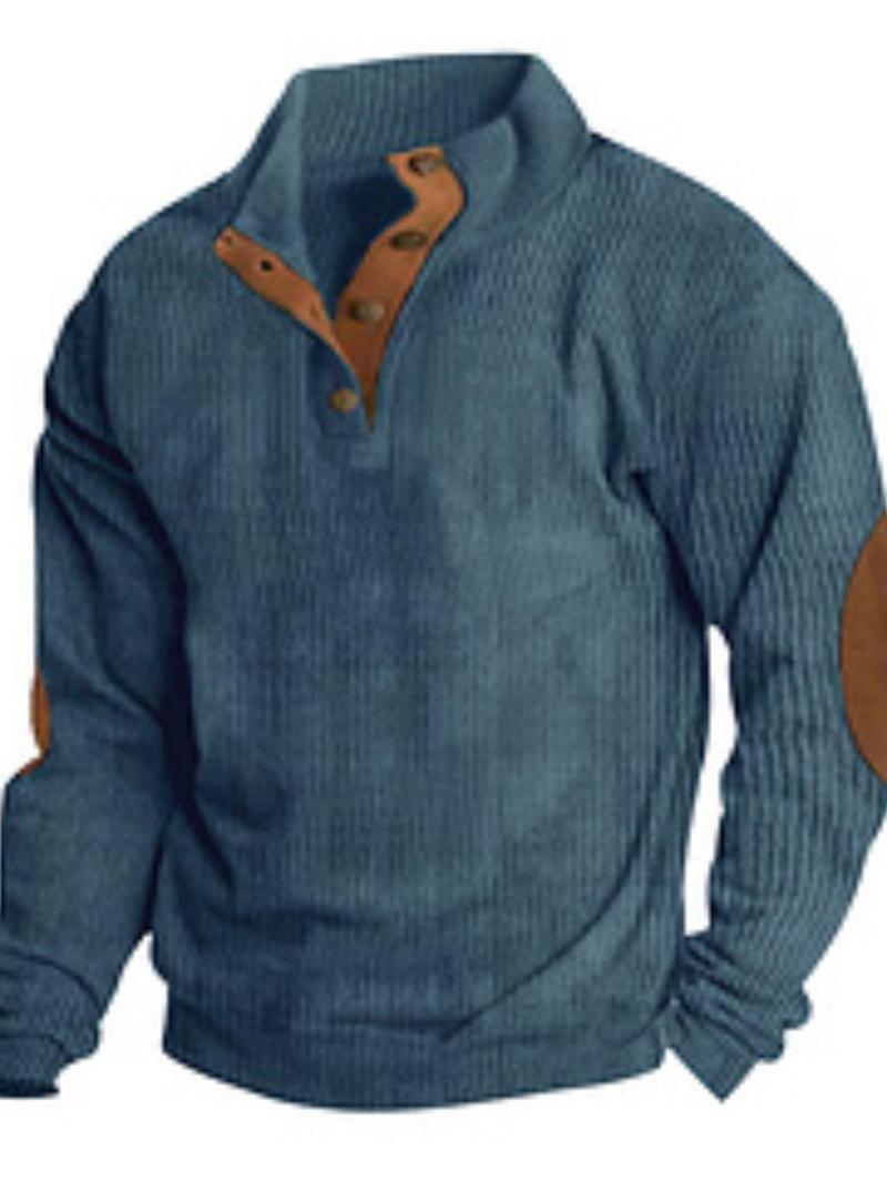 Product Introduction of Men's Regular Fit Patched Detail Stand Collar Sweatshirt, Casual Long Sleeve Pullover for Spring & Fall, Fashion Men's Top for Daily Wear 6