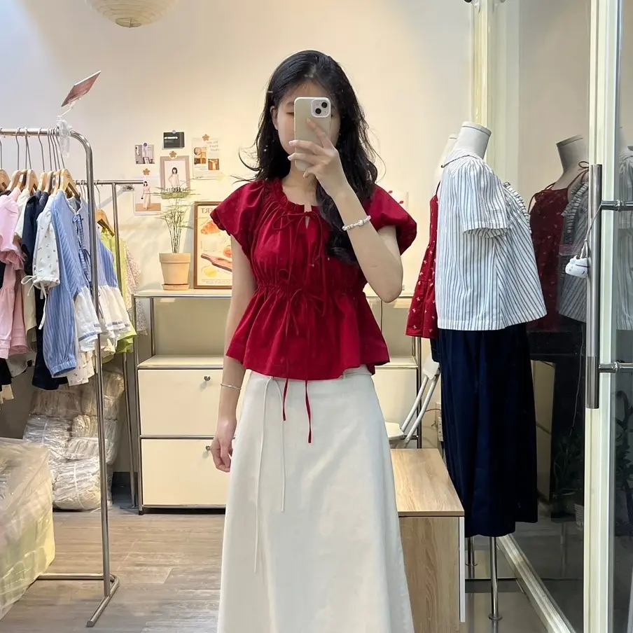 Moden - Áo cổ nhún tròn hai nơ tay bí Hoshi