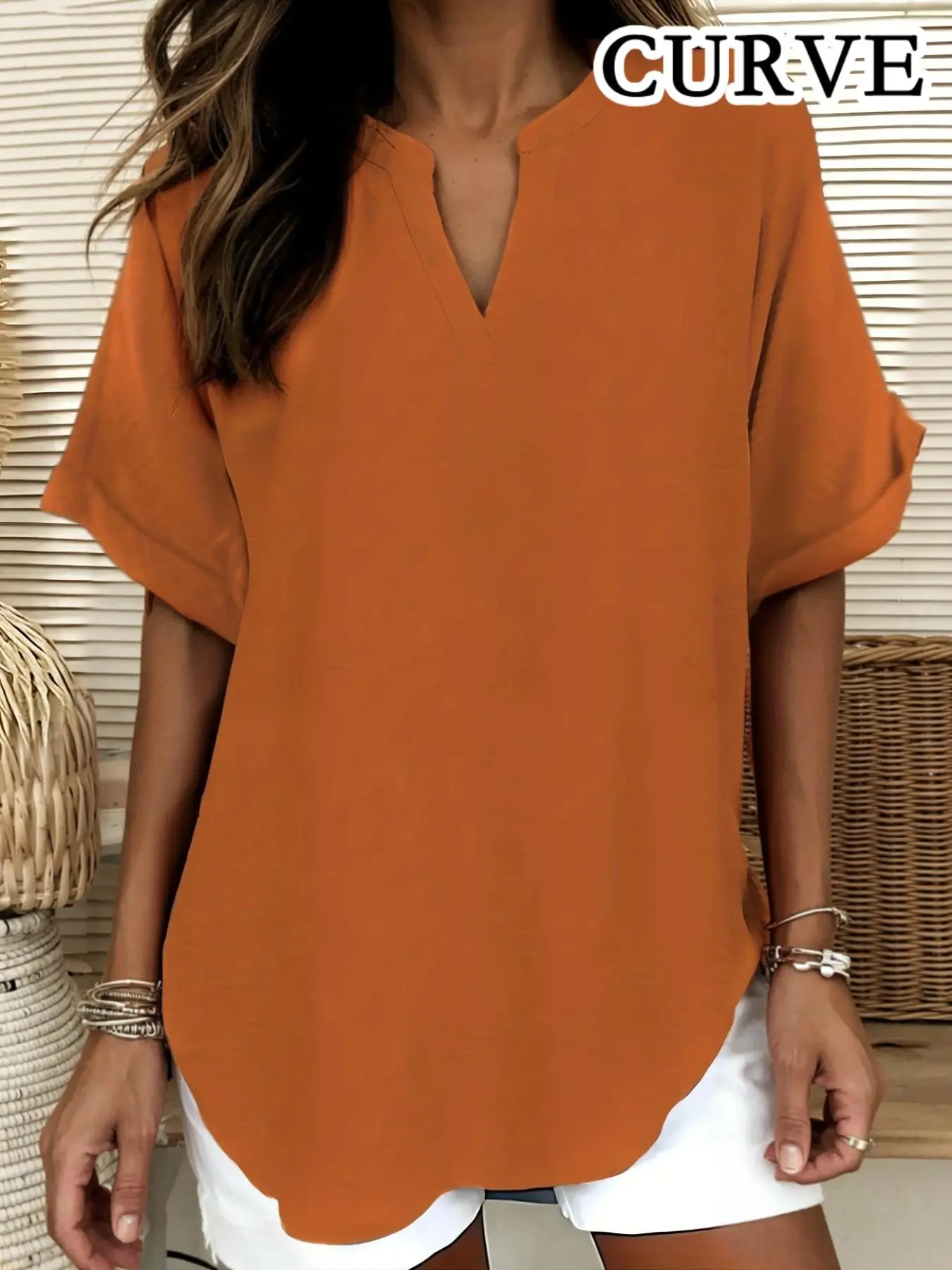 【Plus Size】 Solid Color Notched Neck Blouse, Casual Short Sleeve Top for Summer, Women's Clothing for Daily Wear