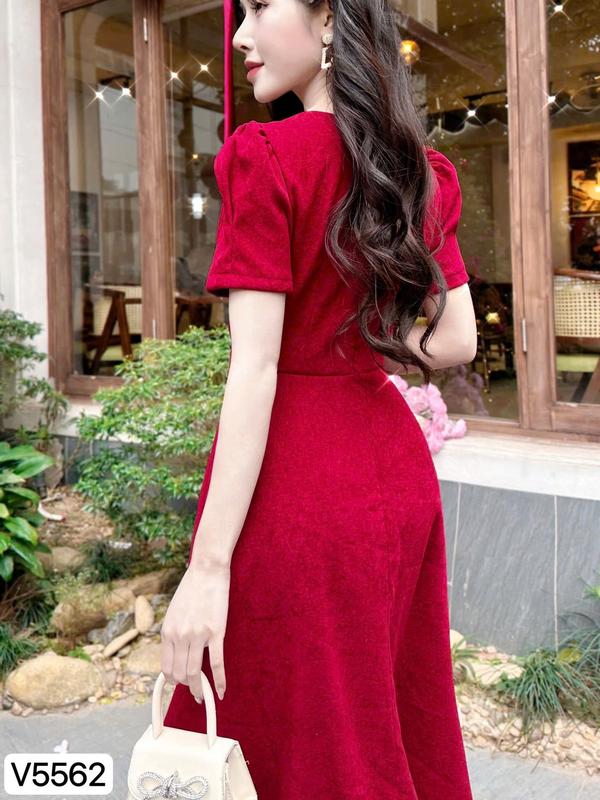V5562 SẴN/GIAO NGAY VÁY ĐẦM ĐỎ ĐI TIỆC, VÁY NỮ XINH DÁNG MIDI ĐÍNH HẠT DRESS/WOMEN Nhung Voi 6