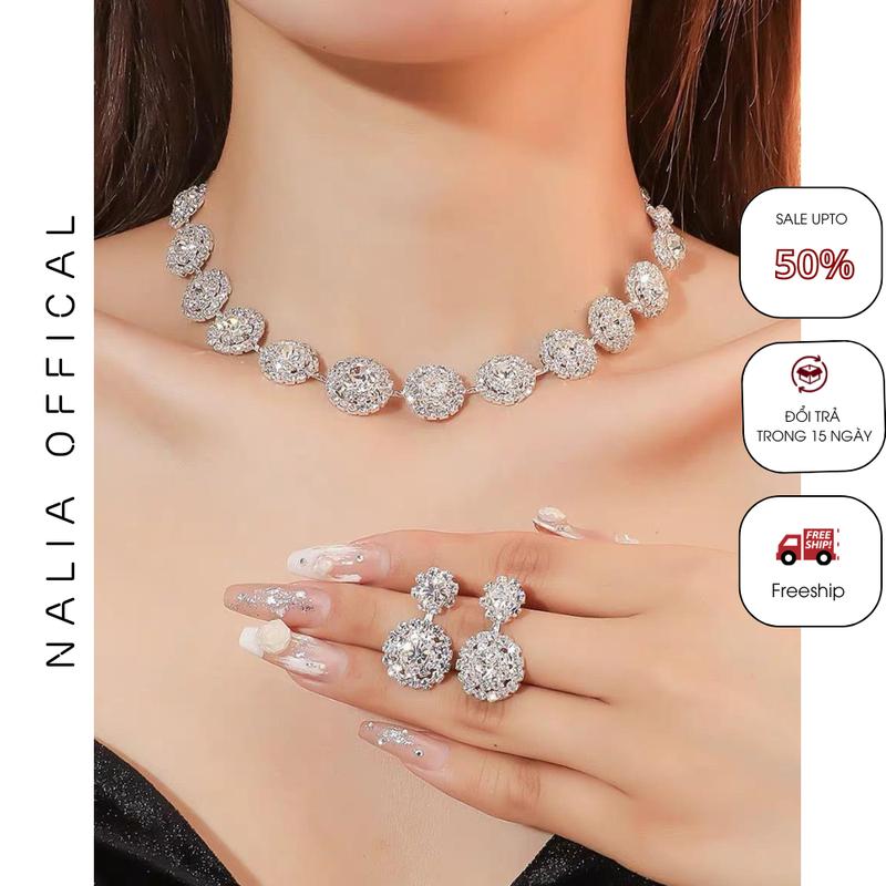 NALIA DC787 - Bản to - set dây chuyền khuyên tai đính đá tròn to Women Hoa Tai _ 5468