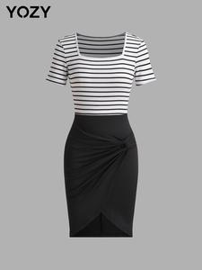 YOZY Women's Striped Patchwork Print Twist Ruched Wrap Bodycon Dress, Elegant Square Neck Short Sleeve Midi Dress for Work Office Business, Ladies Clothes for All Seasons