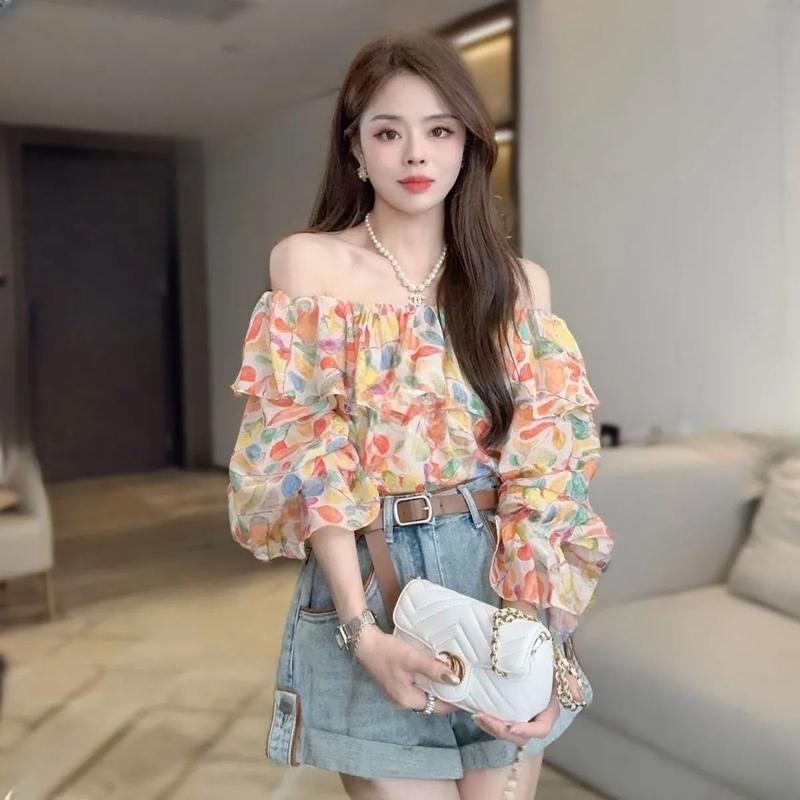 Áo Trễ Vai, Hàng Mới Về Mùa Hè,  Thiết Kế Quây Ngọt Ngào Che Phủ Thịt, Áo Sơ Mi Dáng Rộng, Làm Bằng Voan, Dành Cho Nữ 4