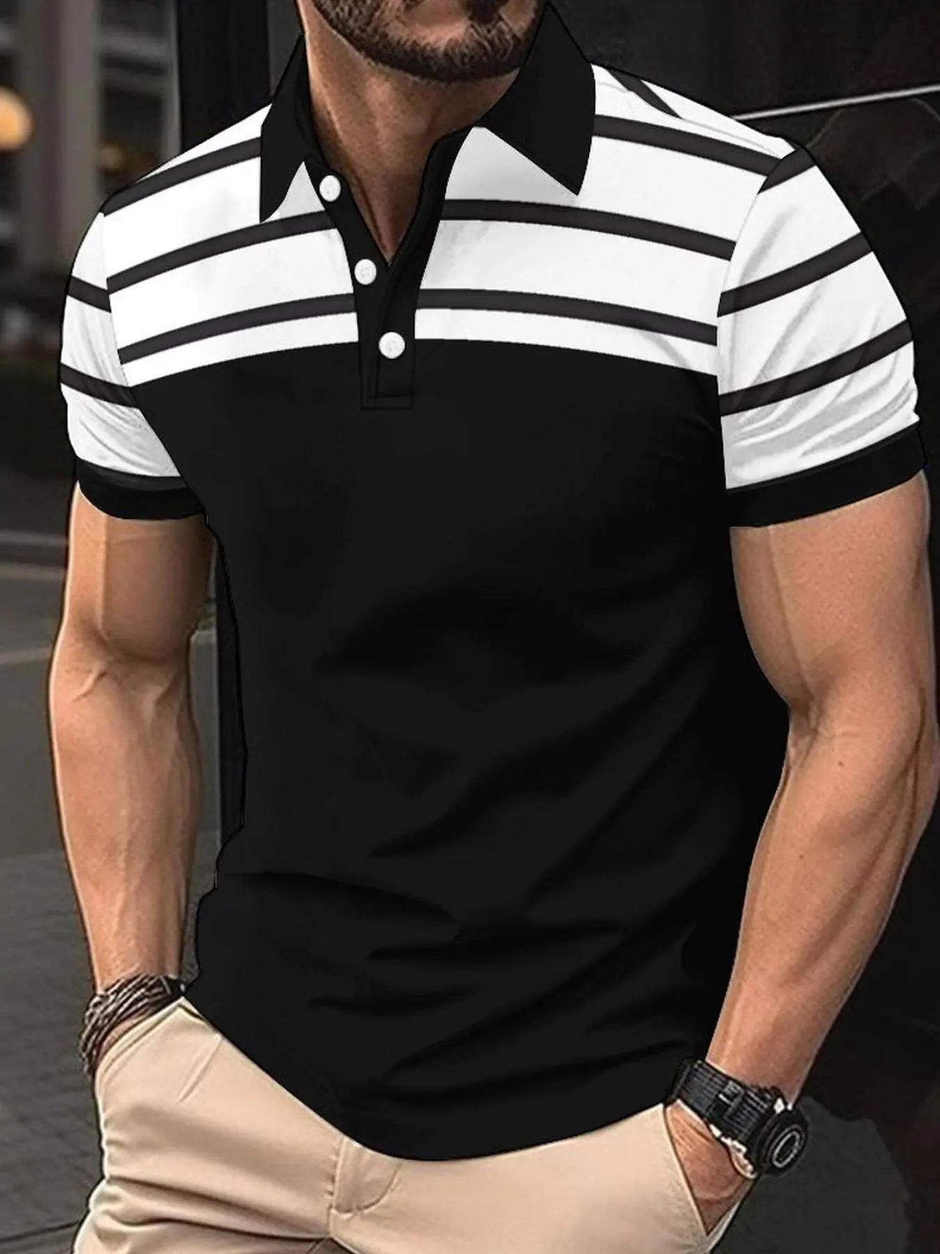 Men's Regular Fit Contrast Trim Polo Shirt, Casual Short Sleeve Half Placket Collar Top for Summer, Fashion Men's Clothes for Daily Wear, Tropical