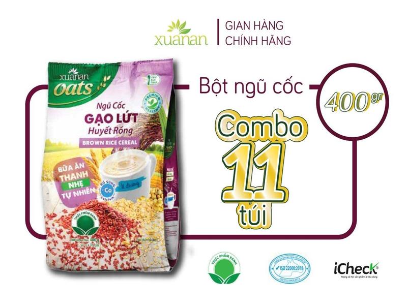 Combo 11 Túi Ngũ Cốc Gạo Lứt Huyết Rồng Xuân An ít đường 400G {25g*16 gói} Tặng Kèm 11 Túi Yến Mạch 150G Food