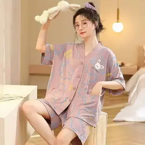 Piyama Wanita Set Kekinian Remaja Lengan Pendek Bahan Katun Polyester / Milk Shred Motif Kartun Lucu WS - 016