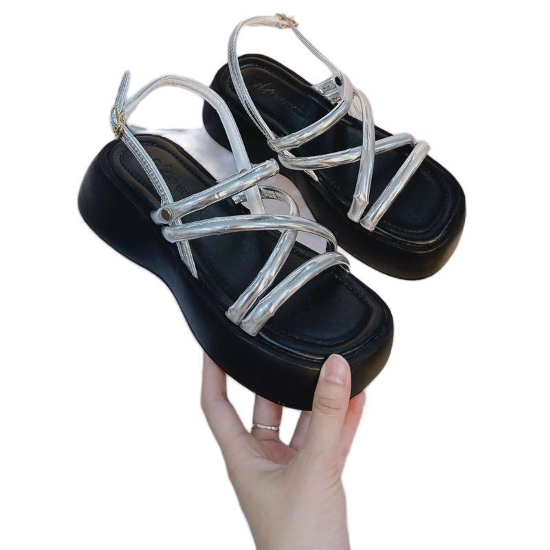 Sandal quai mảnh fullbox 2 màu đế bánh mì 6cm ( 021 ) Nữ DéP Shoes GiàY Đế Bằng Quai Chéo Quai Hậu Nhung Cao Su Jean thoitrang giày bệt 1