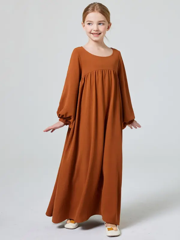 Muslim Girl's Solid Ruched Bishop Sleeve Smock Dress without Hijab, Modern Abaya Dress, Modest Outfits, Cute Clothes, Cute Casual Round Neck Long Sleeve Dress for Daily Wear, Kid's Summer Clothes 7
