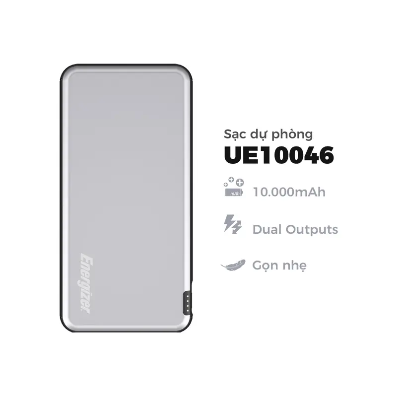 Pin dự phòng ENERGIZER 10000mAh UE10046 - Tích hợp 2 cổng ra USB-A có đèn LED, thiết kế mỏng và gọn nhẹ - Hàng chính hãng 1