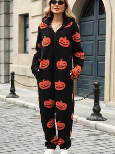 Women's Pumpkin Pattern Zip Up Plush Hooded Jumpsuit, Casual Long Sleeve Pocket Fuzzy Jumpsuit for Fall & Winter, Women's Clothes for Daily Wear