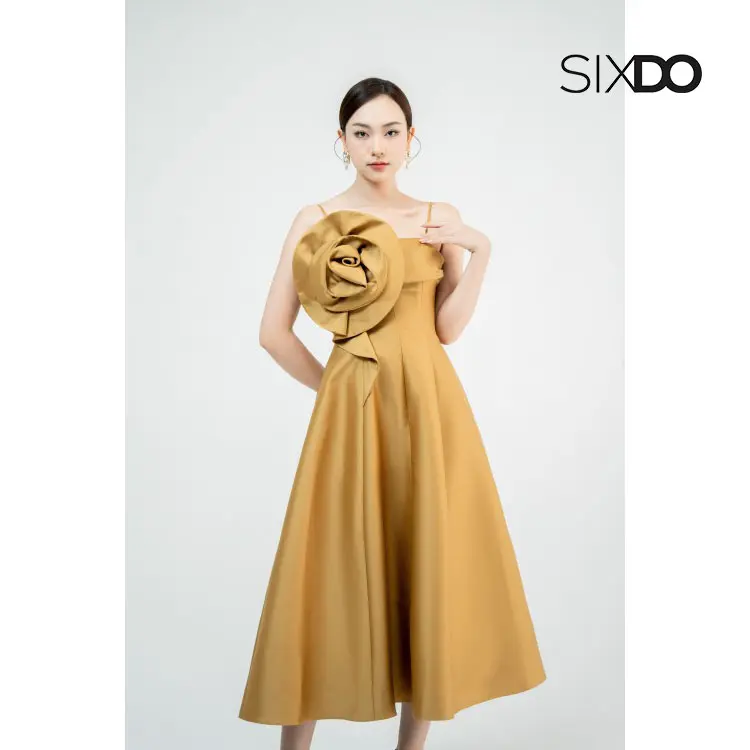 Đầm 2 dây phối hoa SIXDO (Dark Yellow Strappy Midi Taffeta Dress)