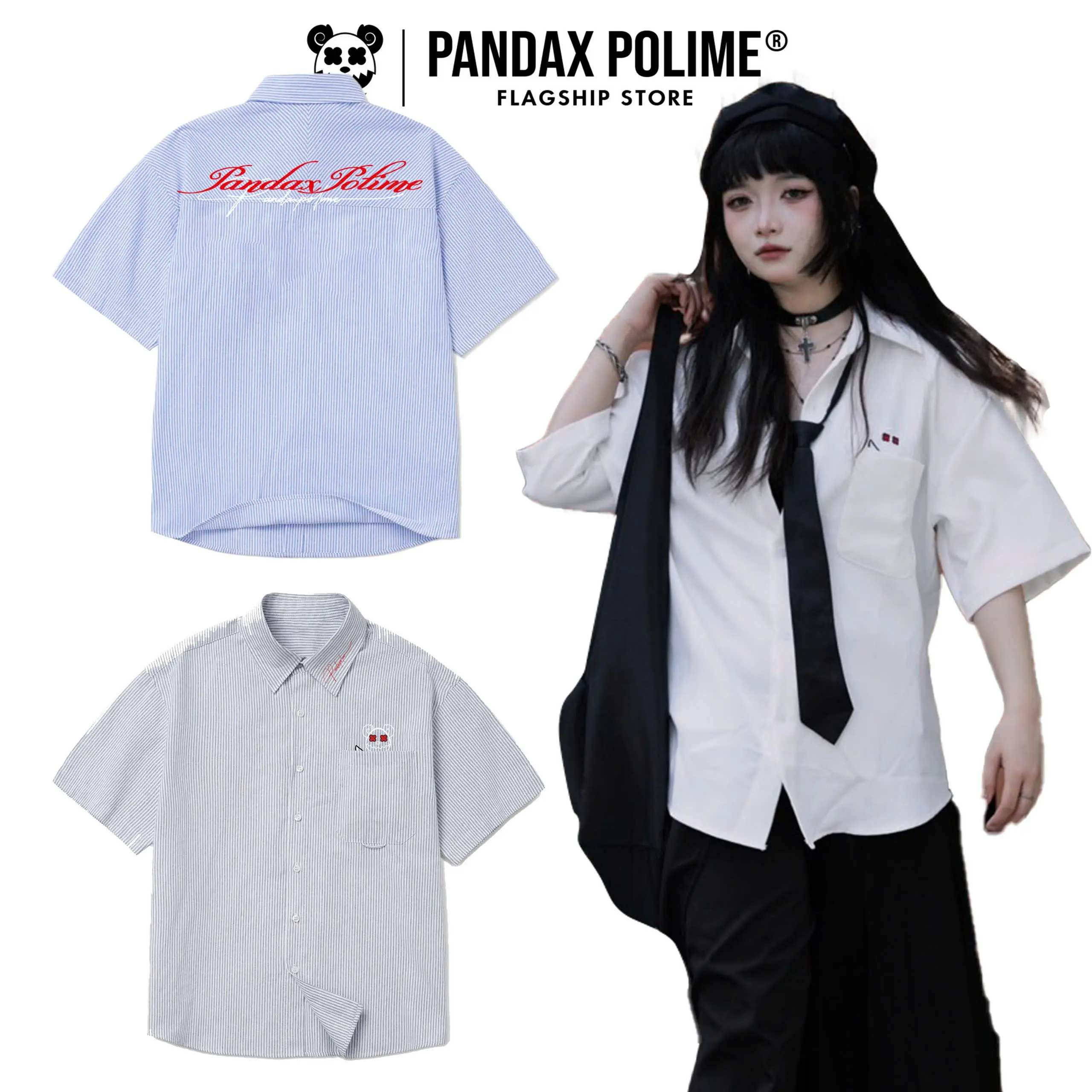 Áo sơ mi oxford local brand  kẻ sọc xanh trắng striped shirt form rộng thêu tay ngắn có túi cặp đôi unisex px pandaxvn polime Nam Menswear Cổ Tròn