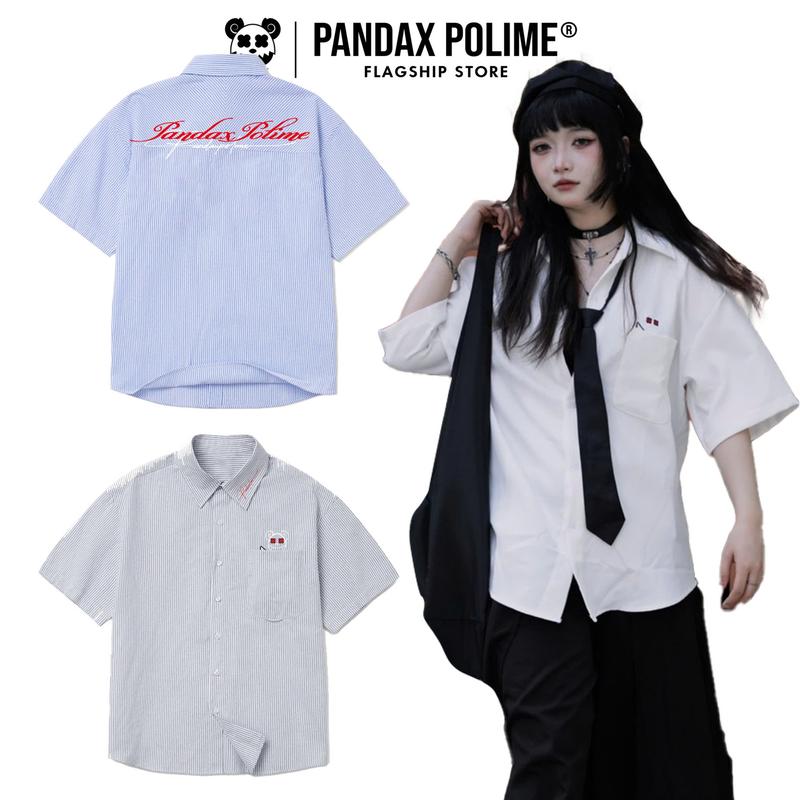 Áo sơ mi oxford local brand kẻ sọc xanh trắng striped shirt form rộng thêu tay ngắn có túi cặp đôi unisex px pandaxvn polime Nam Menswear Cổ Tròn