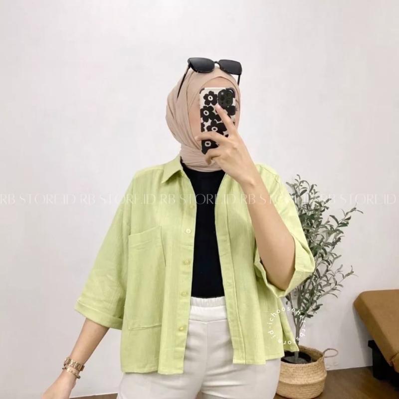 Kemeja Linen Wanita / Atasan Wanita Korean Style / COZIE TOP KEMEJA LINEN /   Blouse Korea Polos 120 Baju Crinkle Kancing Panjang Flowy Mewah 9