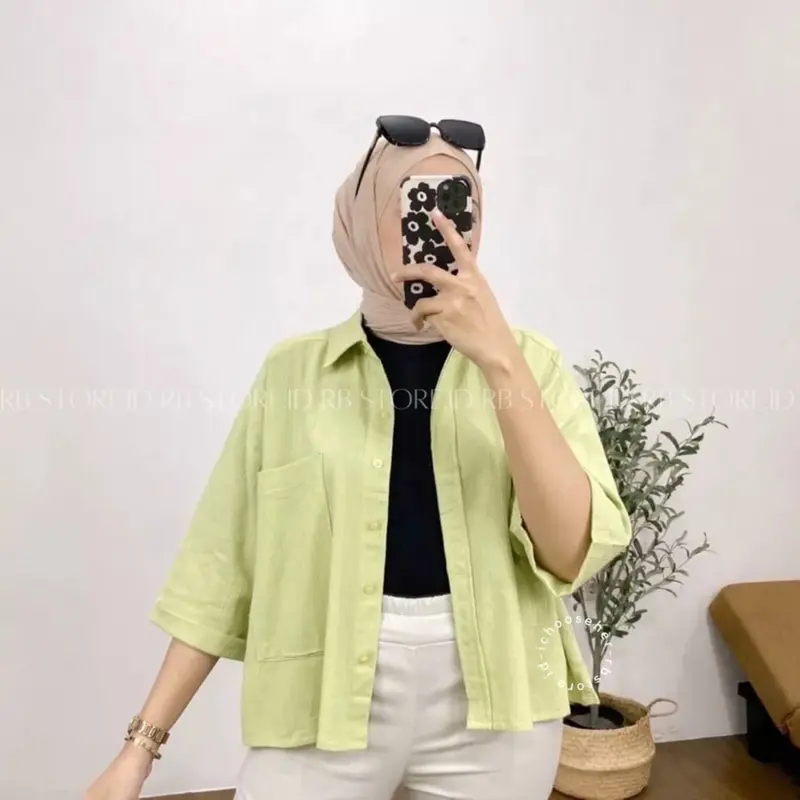 Kemeja Linen Wanita / Atasan Wanita Korean Style / COZIE TOP KEMEJA LINEN /   Blouse Korea Polos 120 Baju Crinkle Kancing Panjang Flowy Mewah 8
