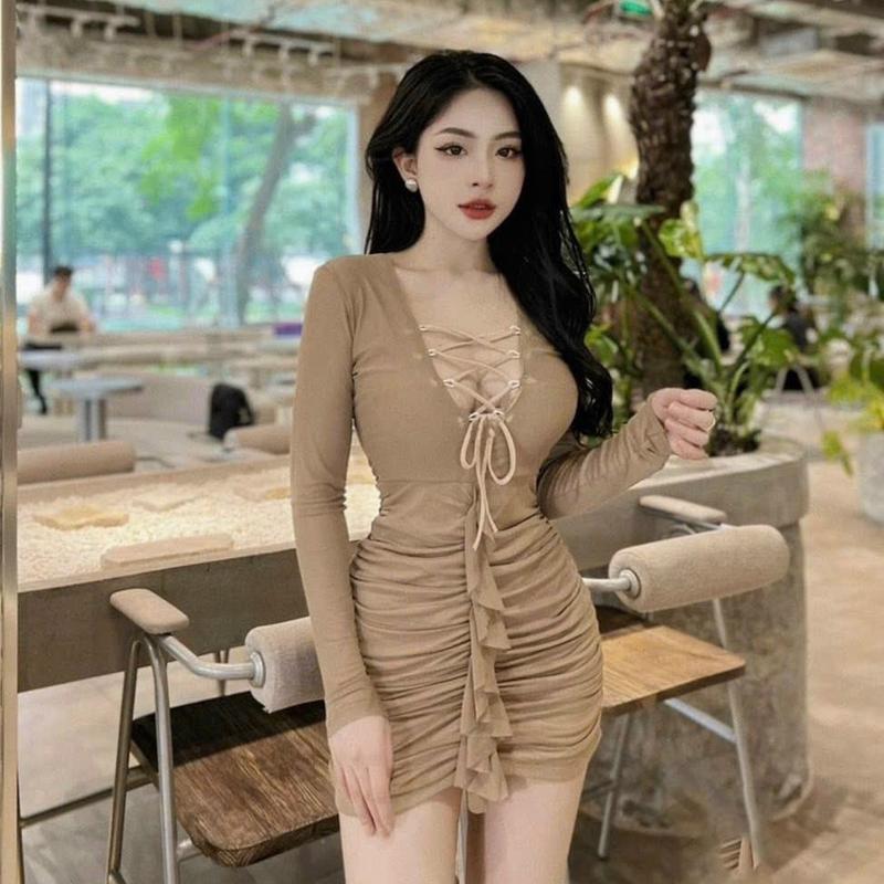 Đầm Body Thun Lưới Tay Dài Cổ V Đan Ngực Dáng Nhún Tua Bèo Nữ Dress Nữ Dress Women Nhung Trắng váy thường mặc đầm trắng áo đen đầm  body