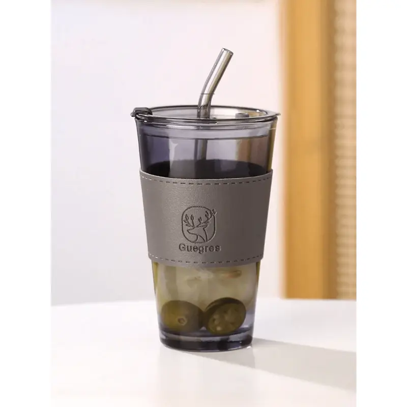 #KUP 1pc, 350ML Or 450ML Retro Transparent Water Cup, Glass Coffee Mugs With Straw And Lid, Iced Tea Cup, Juice Cup, Milk Cup, Coffee Cup, Thicken Wall Insulated Glass Cup With Protect Sleeve (Amber, Smoke Grey) 2