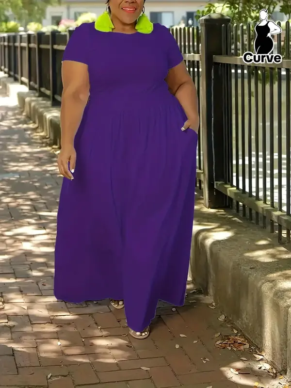 Women's Plain Pocket Zipper A Line Dress, Casual Plus Size Short Sleeve Long Dress for Summer, Women's Clothing for Daily Wear 0
