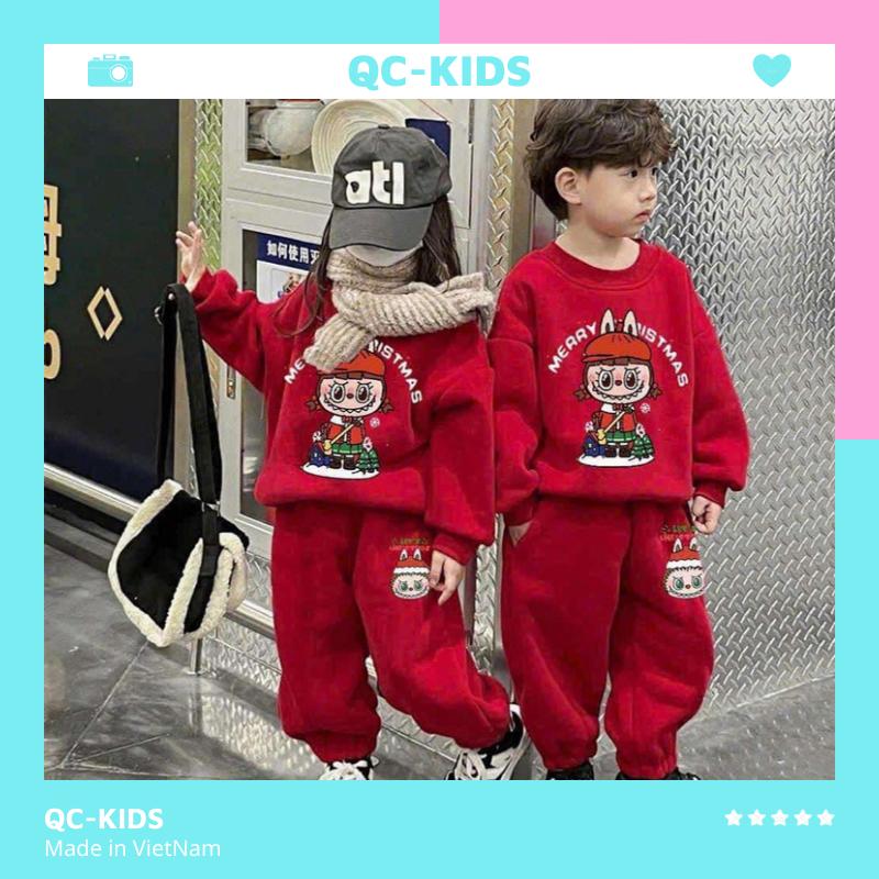 Bộ quần áo nỉ bông noel labubu bé trai bé gái chất liệu nỉ tàu họa tiết labubu merry christmas cho bé 8-18kg