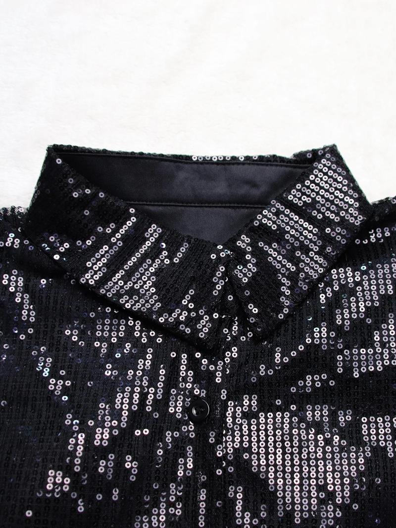 Product Introduction of Women's Glitter Sequins Button Front Shirt Dress, Elegant Long Sleeve Collared Short Dress for Party Club Dating Wear, Ladies Spring & Fall Clothes Fancy Dress Adult, Curve Fashion, Dresses for Women, Holiday Dresses 7