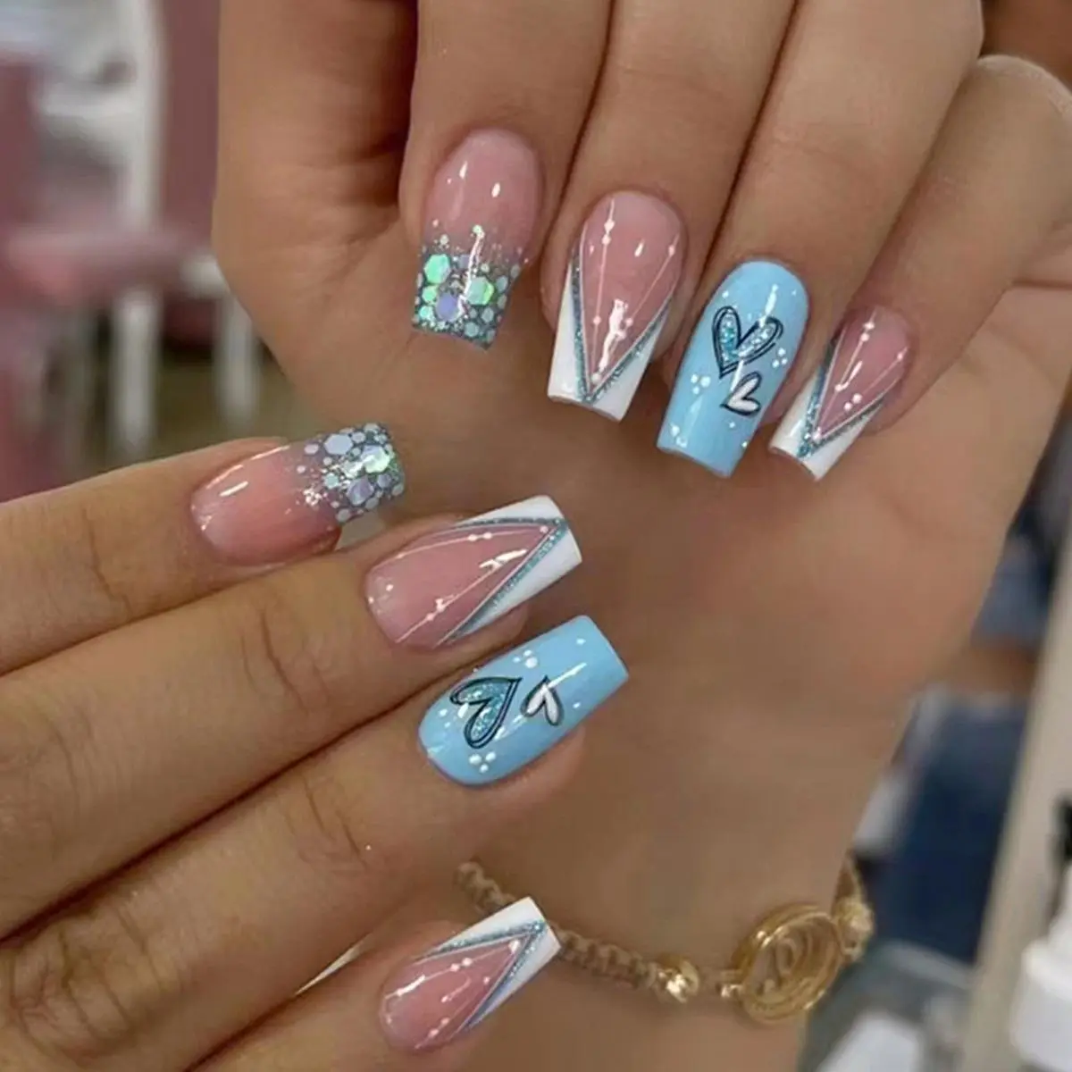 Glitter Heart Design French Acrylic Nail Kit, 24pcs/set Simple Stylish Press on Nails with Nail File & Jelly Sheet, Elegant Stick on Nails Kit, Manicure Set, Christmas, Christmas Gift