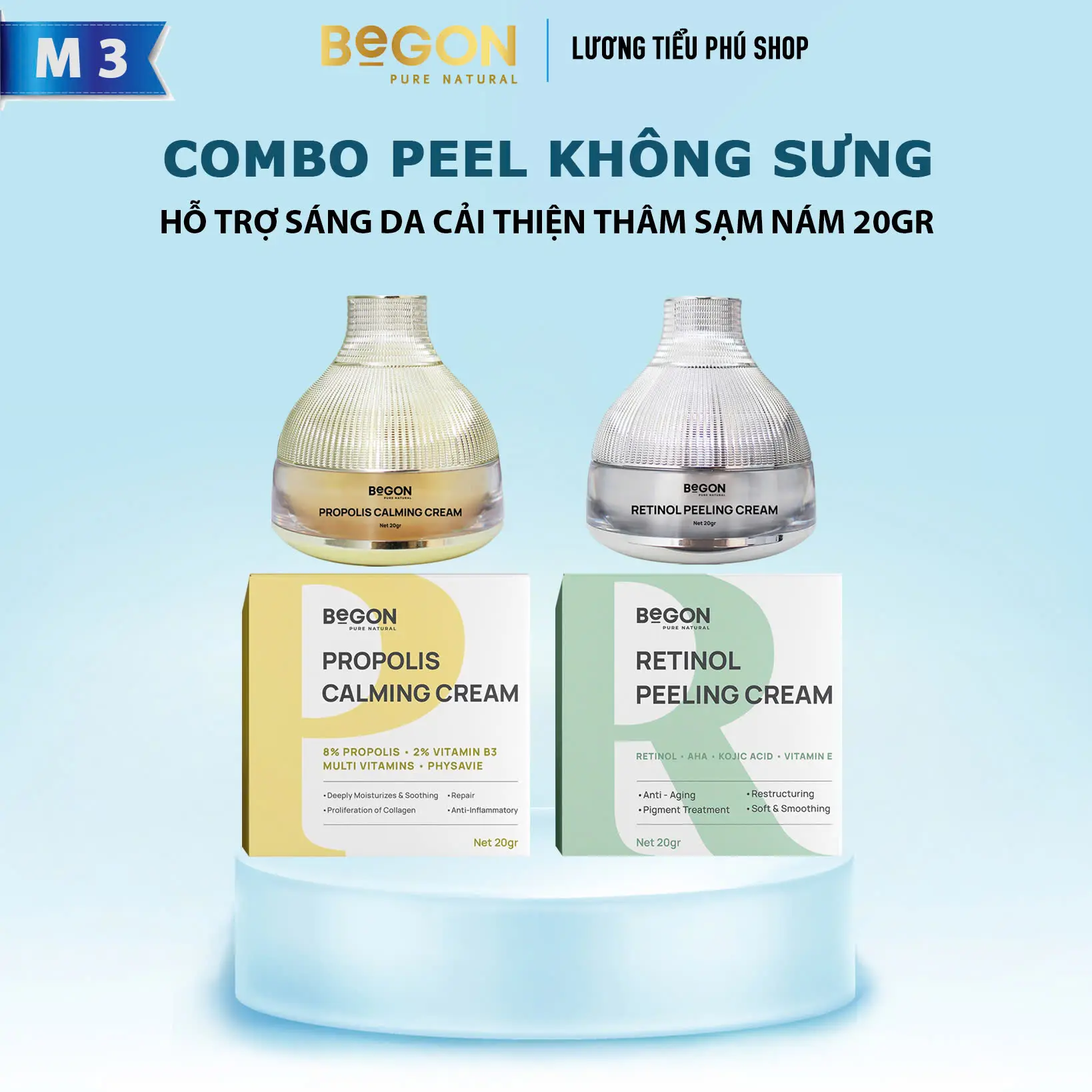 [Mã 3] Combo Peel Da Mặt Retinol 20gr + Kem Dày Da Keo Ong 8% Propolis 20gr | Hỗ Trợ Dưỡng Da | BEGON