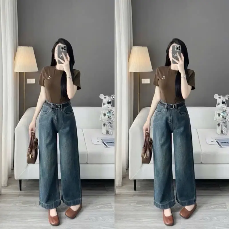 Quần jean suông nữ may mác nhỏ gấu to mã 005 women pants lưng cao ko co dãn 3