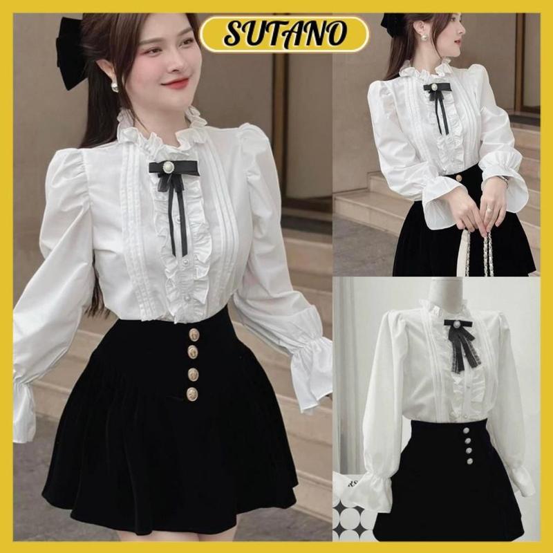 Áo sơ mi nữ cổ bèo áo kiểu nữ tiểu thư sang chảnh phối kèm nơ xᶖnh sang trọng A97 SUTANO