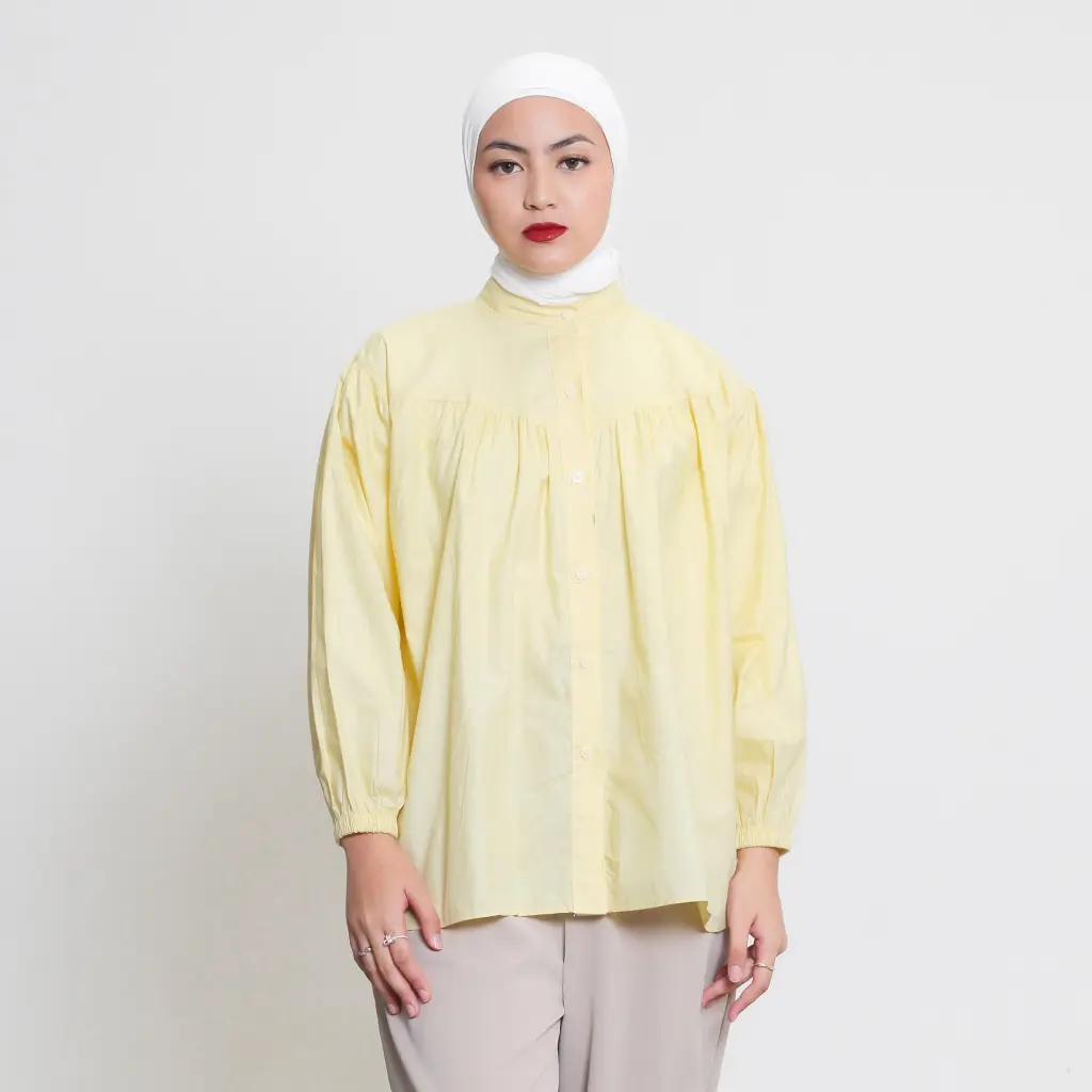 ELF STORE - EMERALDA Kemeja Wanita Kantoran Polos Kekinian Bahan Katun Jumbo Atasan Panjang Muslim