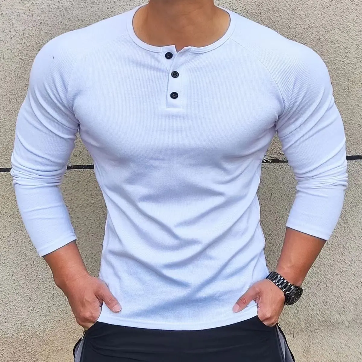 Áo Thun Dài Tay, Dành Cho Nam Giới, Áo Henley Mùa Xuân Và Mùa Thu, Nút Mở, Bó Sát Cơ Bắp, Co Giãn, Áo Lót, Áo Tập Luyện Thể Dục