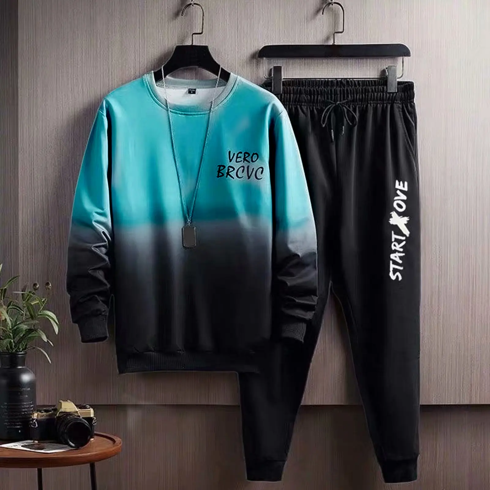 Bộ Đồ Nam, Lammeuya, 2 Chiếc / Bộ, Màu Tương Phản Gradient Tay Áo Dài, Cổ Tròn, Dáng Rộng Vừa Vặn, Eo Co Giãn, Đóng Gấu, Phong Cách Hip Hop, Bộ Đồ Thể Thao, Thích Hợp Cho Mùa Thu Và Mùa Xuân, Bộ Quần Dài Áo