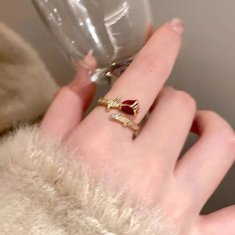 【Sktlz】Wine Red Rose Zircon Ring Wanita Buka Indeks Cincin Finger Temperature Adjustable Ring 0