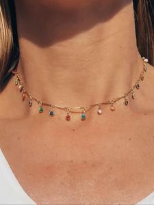 Verano 2024 Collar con colgante de borla de piedra preciosa artificial, Collar de cadena de bloque de color metálico Boho Fashion, Accesorios dulces y versátiles de personalidad para mujeres y niñas