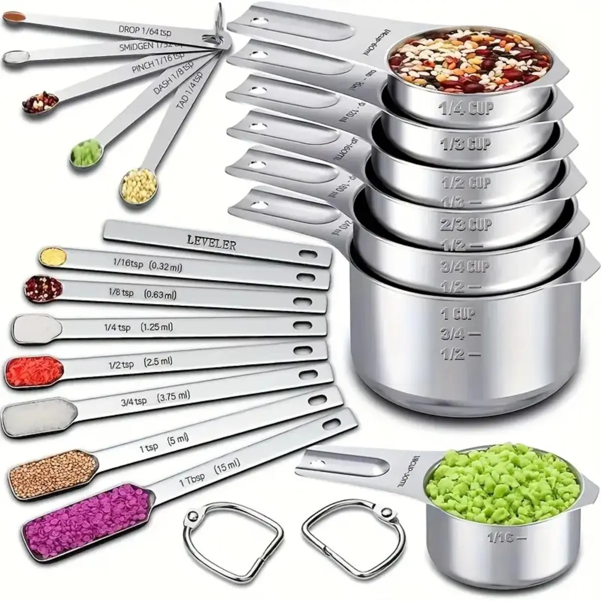 Stainless Steel Measuring Cups & Spoons Set, 20pcs/set Stackable Measuring Cups & Mini Measuring Spoons with 2 Rings, Baking Tool, Kitchen