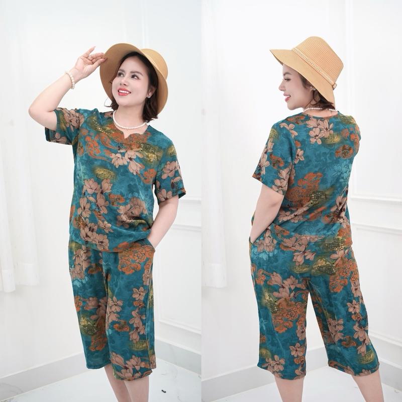  MS19 Đồ Bộ Trung Niên cho mẹ  Áo Cổ Tròn Quần Suông Lửng Ngang Gối Vải Luạ Nhập cao cấp Nữ Women 