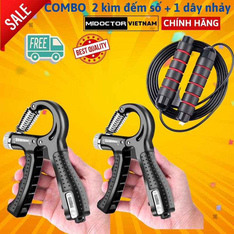 COMBO 2 Kìm bóp tay đếm số 60kg + 1 dây nhảy lõi thép chống đứt ko tạ - Hãng miDoctor kim tap cotay