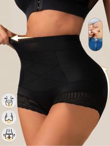 1 unidad de Shorts faja de cintura alta con encaje de contraste y diseño cruzado para mujer, Braga faja cómoda y transpirable con control de abdomen, Fajas con control de abdomen y levantamiento de glúteos.