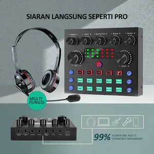 Bonkyo V8S Sound Card Set dengan Mikrofon & Headset Profesional untuk Karaoke Rekaman Suara Bluetooth 5.0 Equalizer Bass Treble - Besi, Earphone